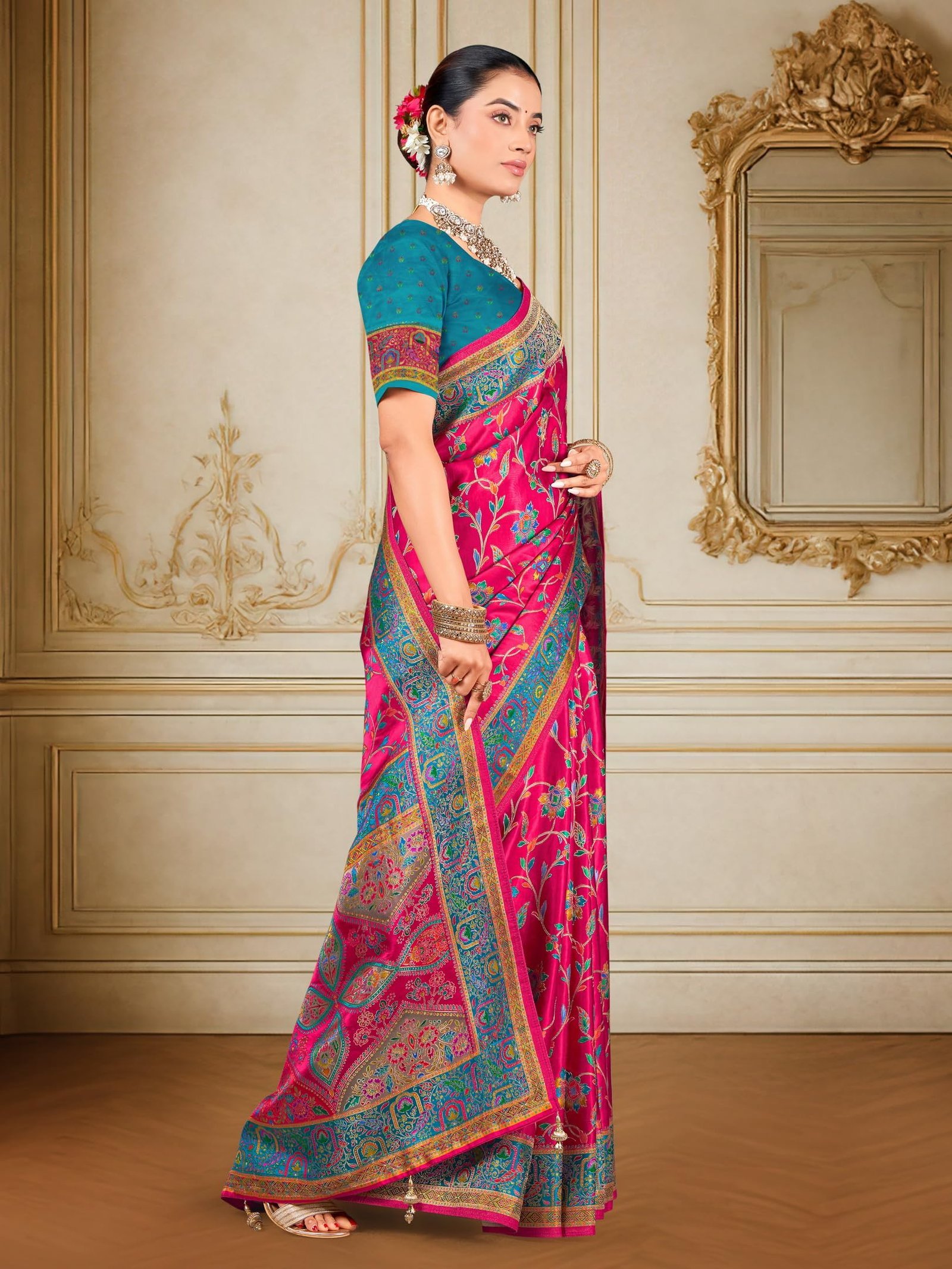 Women’s Luxurious Dola Satin Pure Silk Original Saree Position Print Work Madhubani Inspired Motifs Banarasi Kanjivaram Style Saree With Blouse Piece (Elegant105_Pink) - Image 4