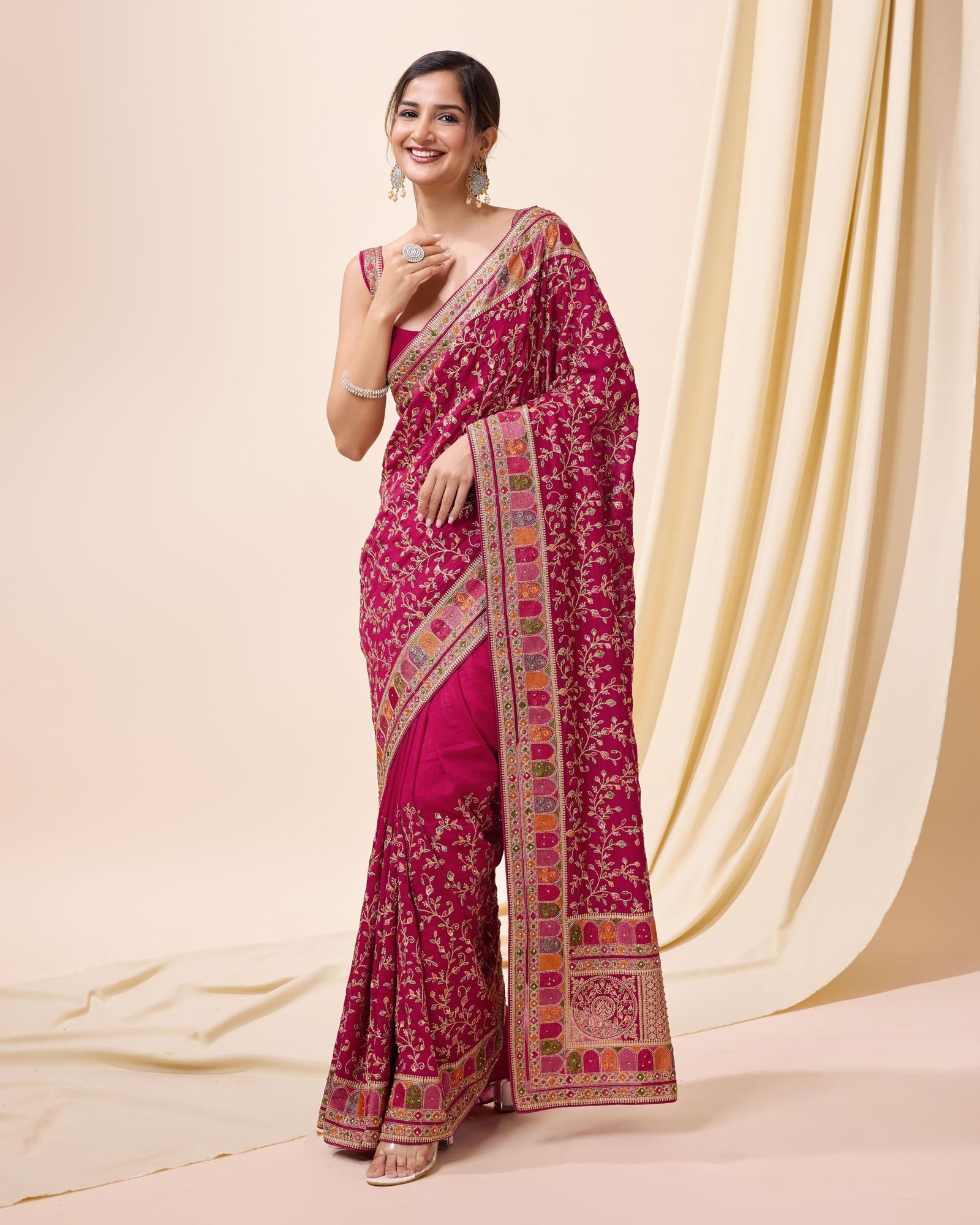 Women's Vichitra Silk Embroidery, Siroski Stone Work Saree with Unstitch Blouse Piece (K1085-Pink-) - Image 3