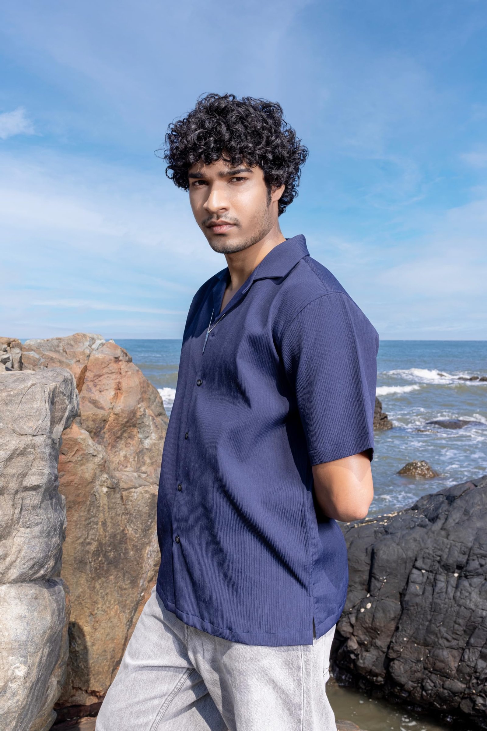 Infinity Space | Art of Leisure Collection || Men's Cotton Half Sleeve Oversized Fit Shirt with Cuban Collar || (in, Alpha, XL, Navy Nirvaana (Blue)) - Image 4
