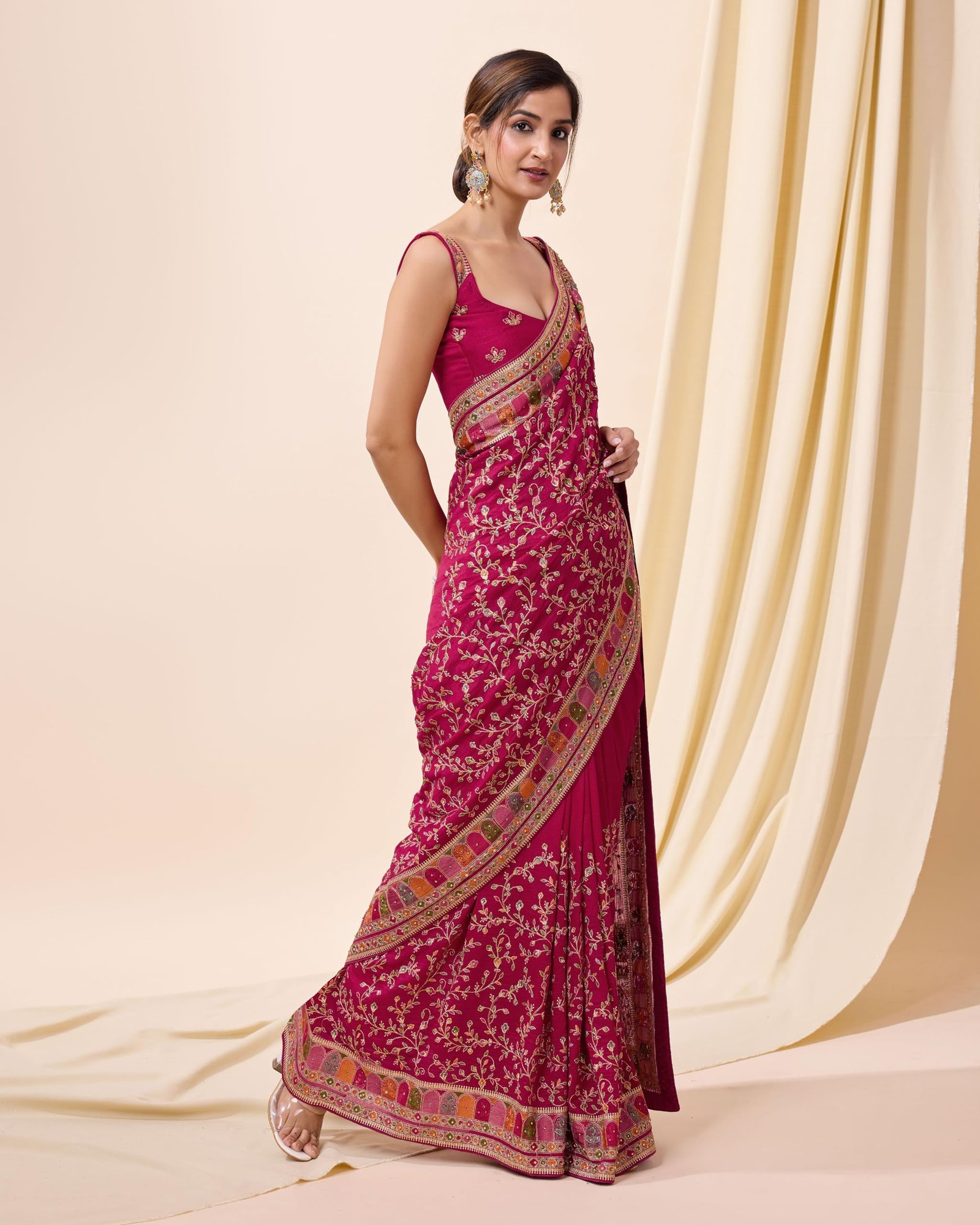 Women's Vichitra Silk Embroidery, Siroski Stone Work Saree with Unstitch Blouse Piece (K1085-Pink-) - Image 7