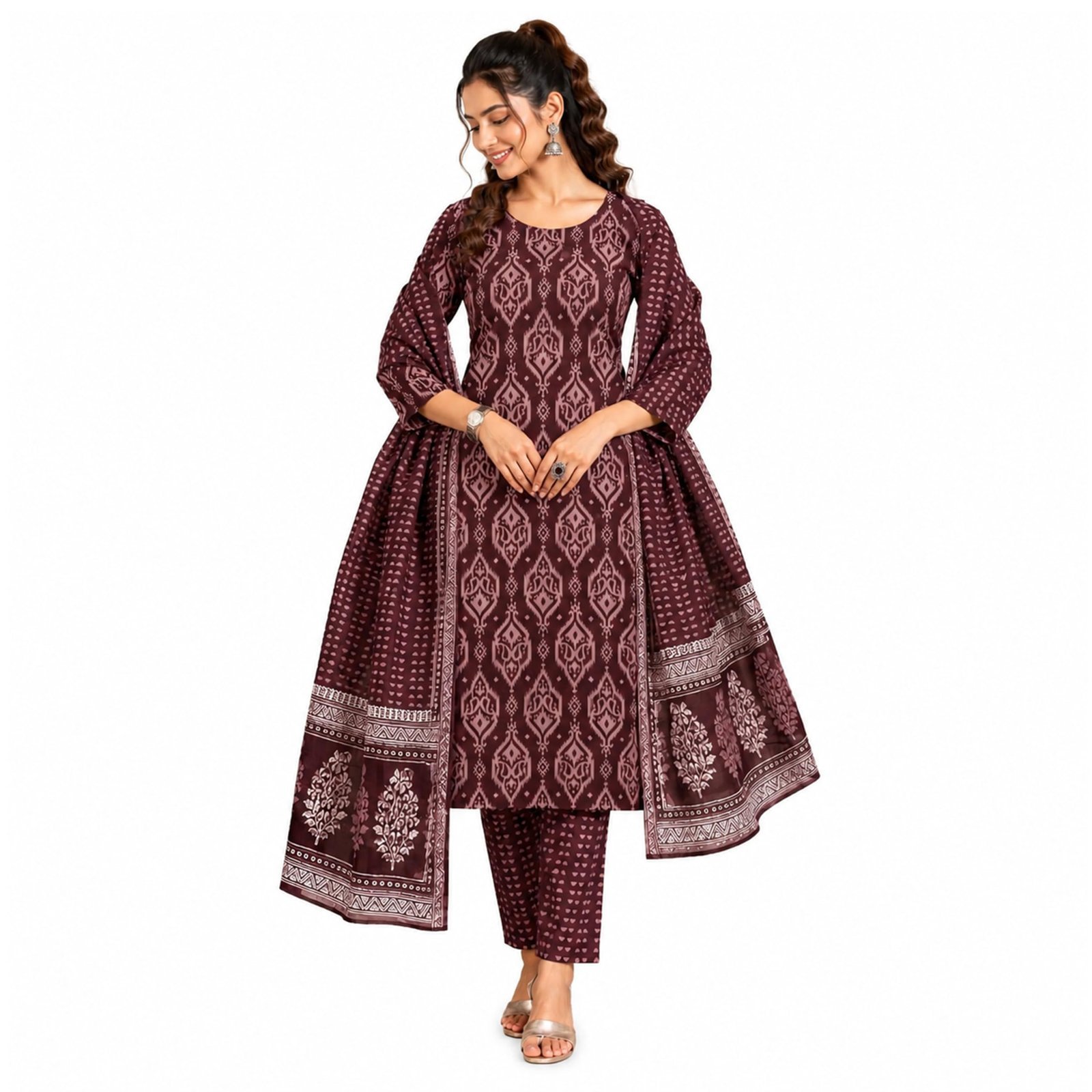 Women's Cotton Printed Kurta Pant with Dupatta Set | Ethnic Straight Kurta Suit Set | Soft Breathable Fabric | Festive, Casual, Office & Daily Wear (coffee) (IN, Alpha)