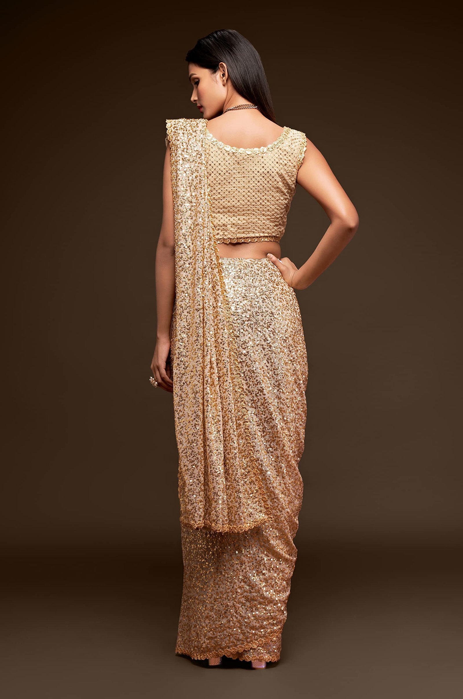 Women's Georgette Heavy Sequins Work Heavy Saree with Blouse (Latest-Sequins-Party-Saree) (Beige) - Image 2