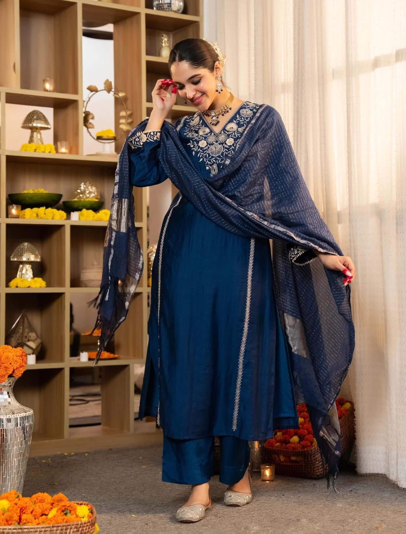 Women Embroidery Solid Straight Kurta and Pant Set with Dupatta - Image 6