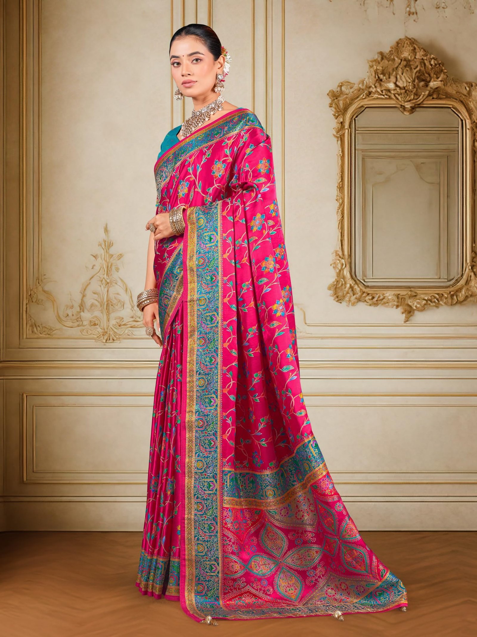 Women’s Luxurious Dola Satin Pure Silk Original Saree Position Print Work Madhubani Inspired Motifs Banarasi Kanjivaram Style Saree With Blouse Piece (Elegant105_Pink) - Image 2