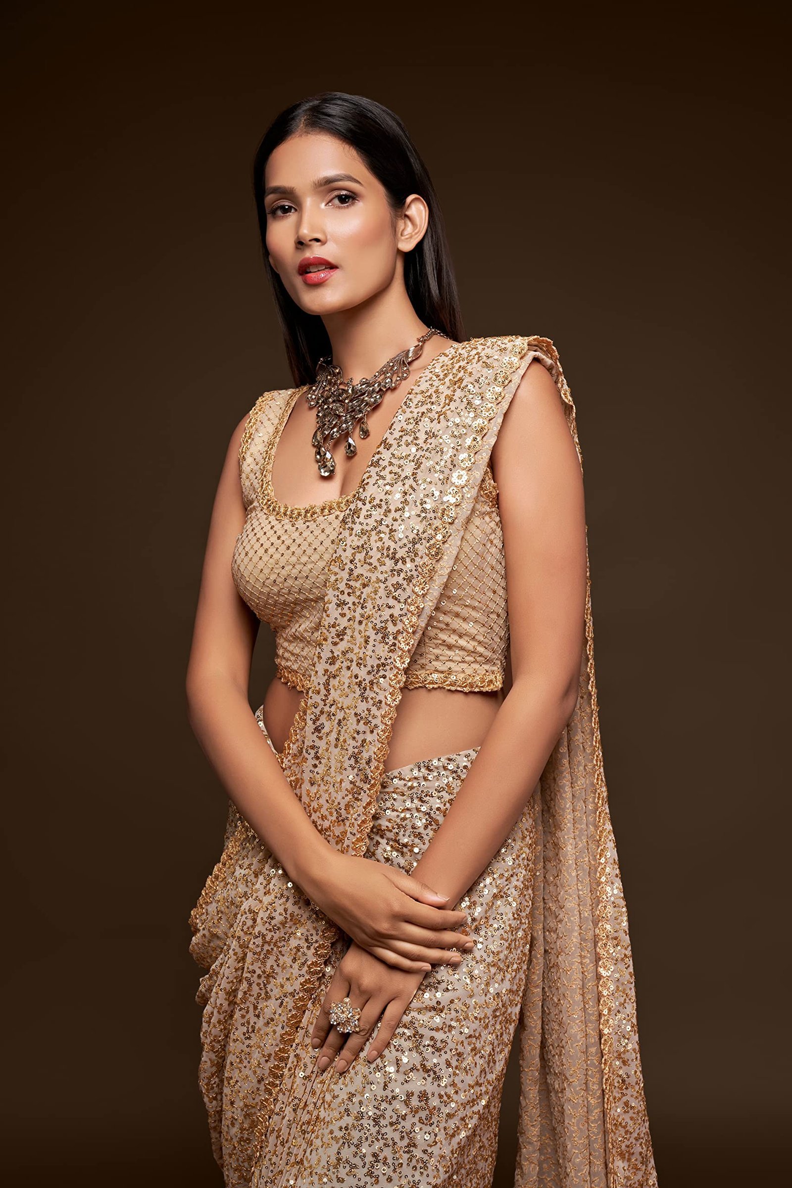 Women's Georgette Heavy Sequins Work Heavy Saree with Blouse (Latest-Sequins-Party-Saree) (Beige) - Image 6