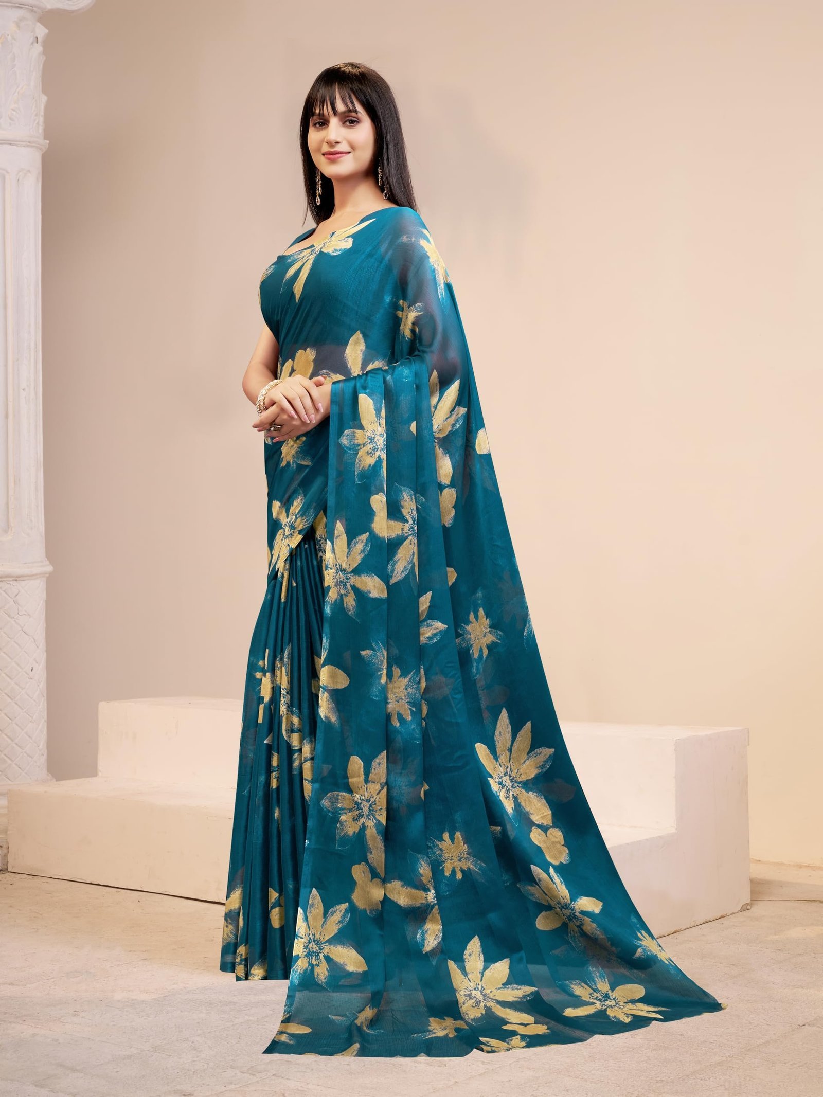 Women Floral Print Nara Chiffon Saree Teal - Image 2