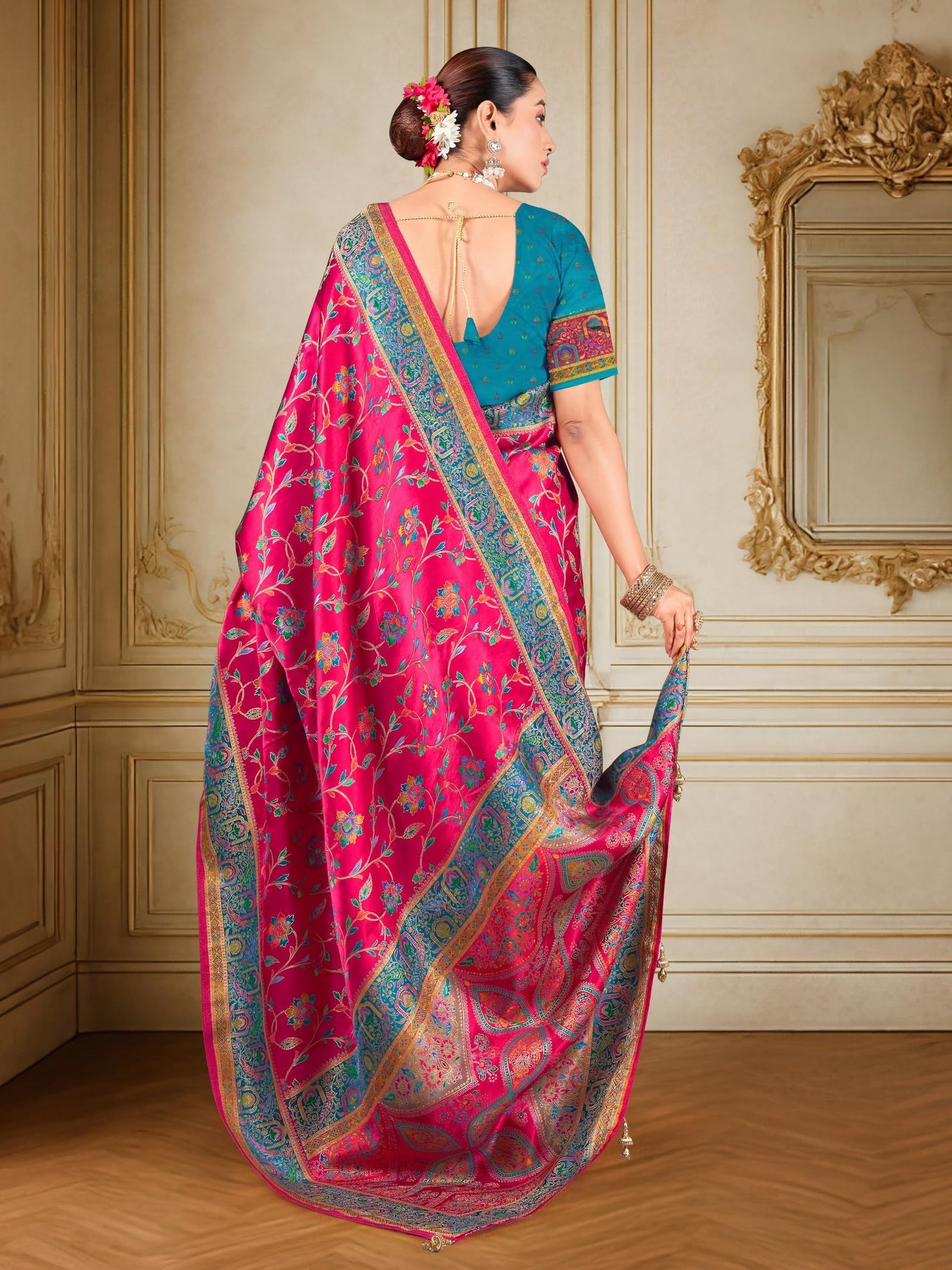 Women’s Luxurious Dola Satin Pure Silk Original Saree Position Print Work Madhubani Inspired Motifs Banarasi Kanjivaram Style Saree With Blouse Piece (Elegant105_Pink) - Image 3