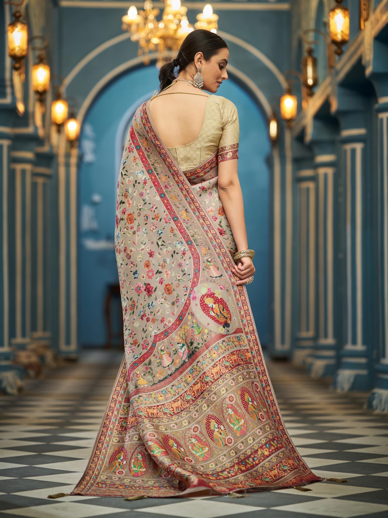 Womens Kanjivaram Banarasi Silk Saree Kanchipuram Patola saree (BEIGE) - Image 4