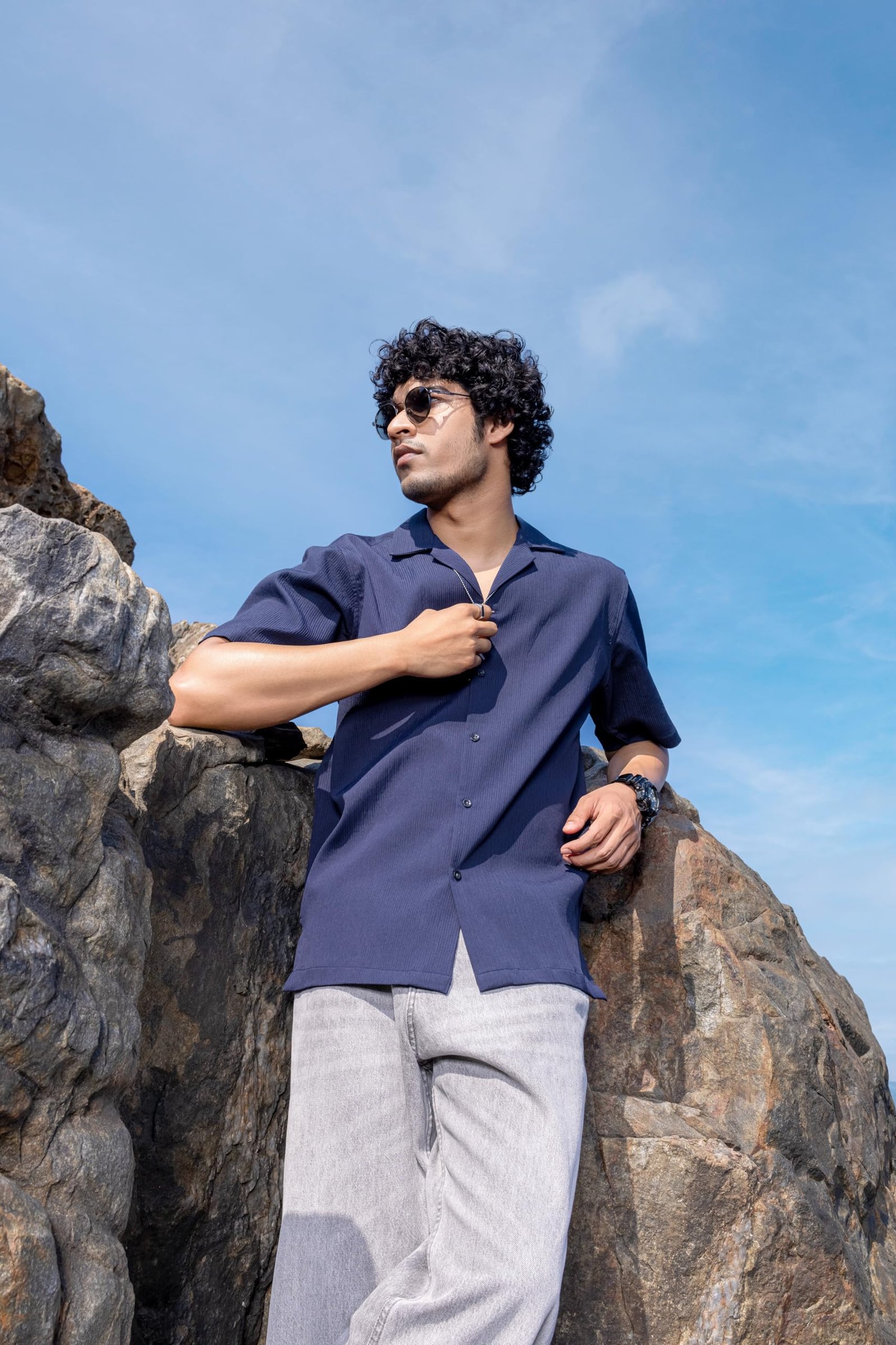 Infinity Space | Art of Leisure Collection || Men's Cotton Half Sleeve Oversized Fit Shirt with Cuban Collar || (in, Alpha, XL, Navy Nirvaana (Blue)) - Image 5