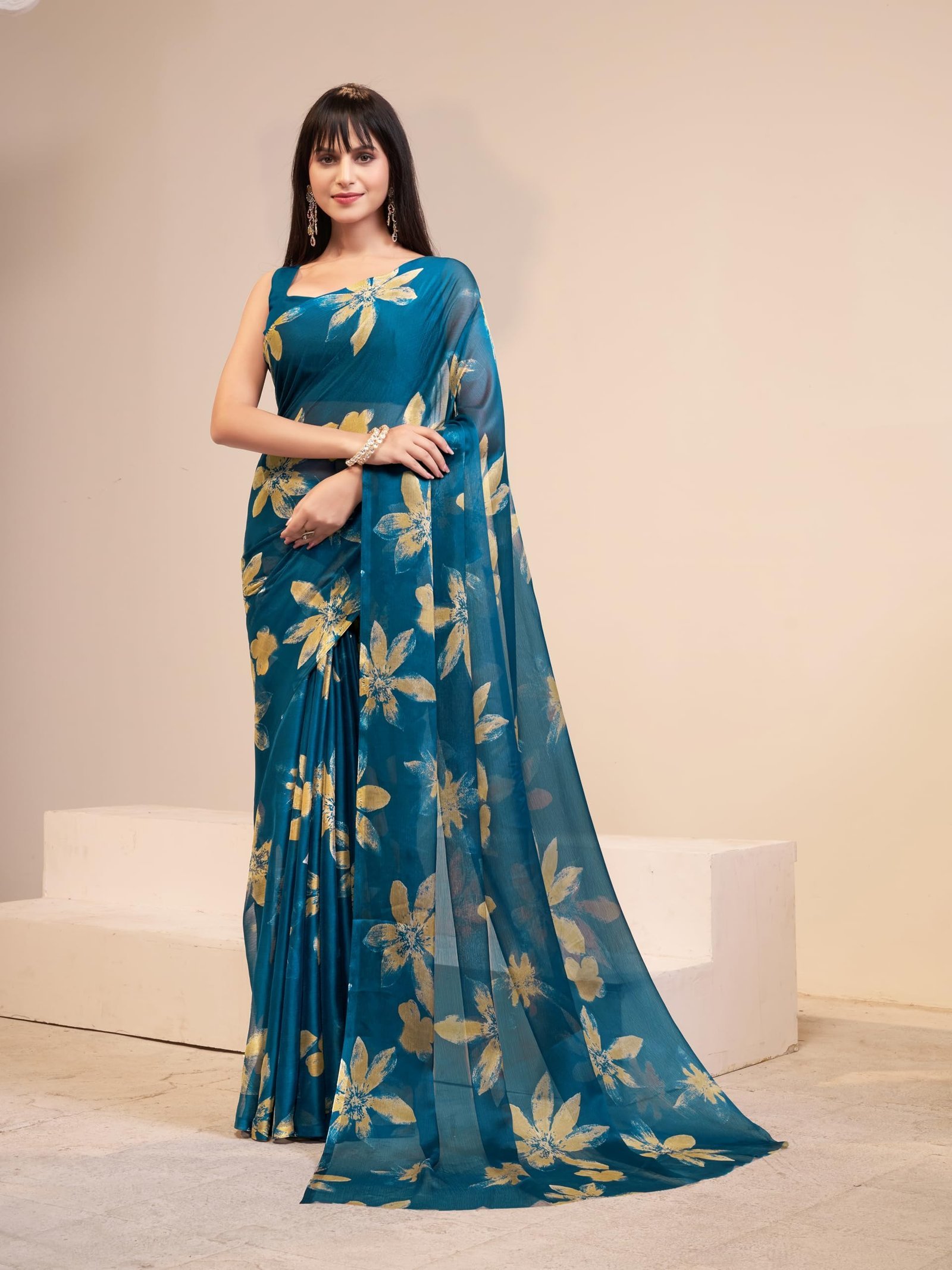 Women Floral Print Nara Chiffon Saree Teal - Image 5