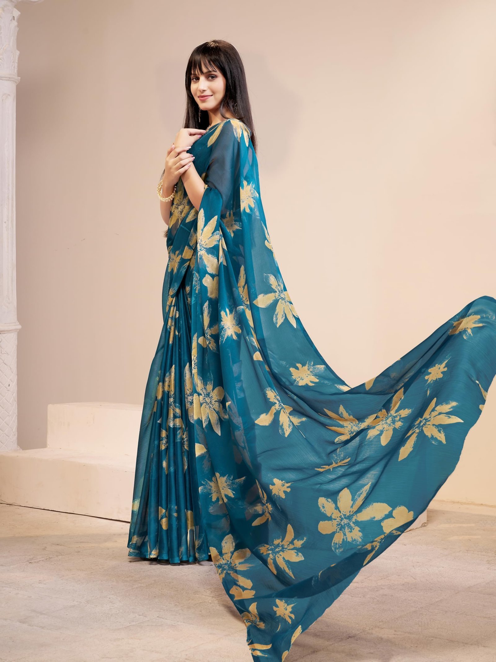 Women Floral Print Nara Chiffon Saree Teal - Image 3