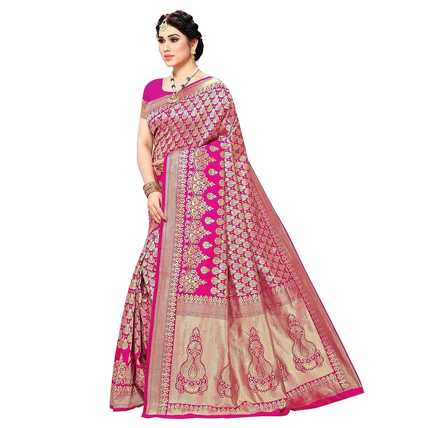 Women's Trendy Banarasi Kanjivaram Pink Color Art Silk Saree with Blouse Material (MALIYA PINK) - Image 4