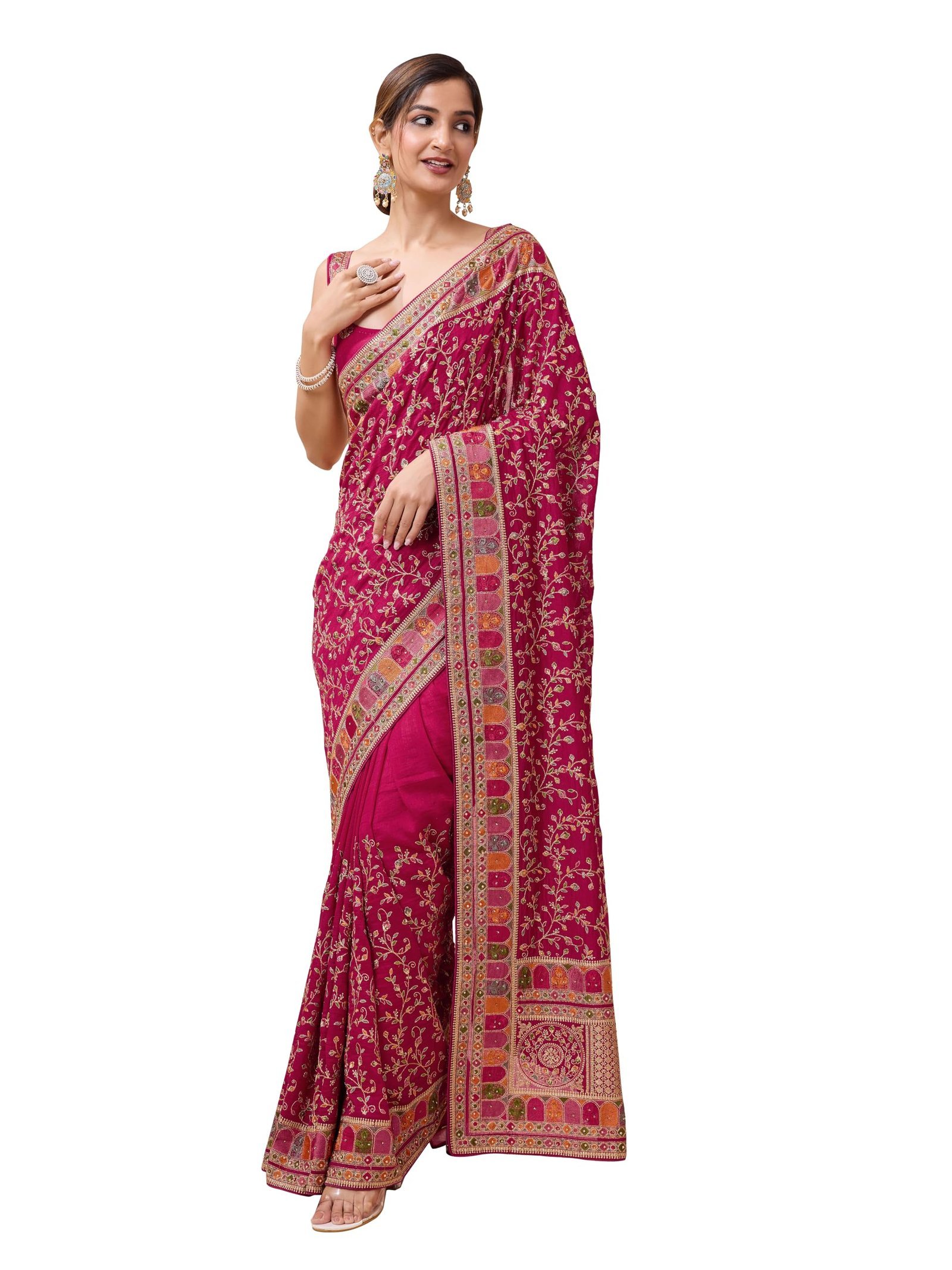 Women's Vichitra Silk Embroidery, Siroski Stone Work Saree with Unstitch Blouse Piece (K1085-Pink-)