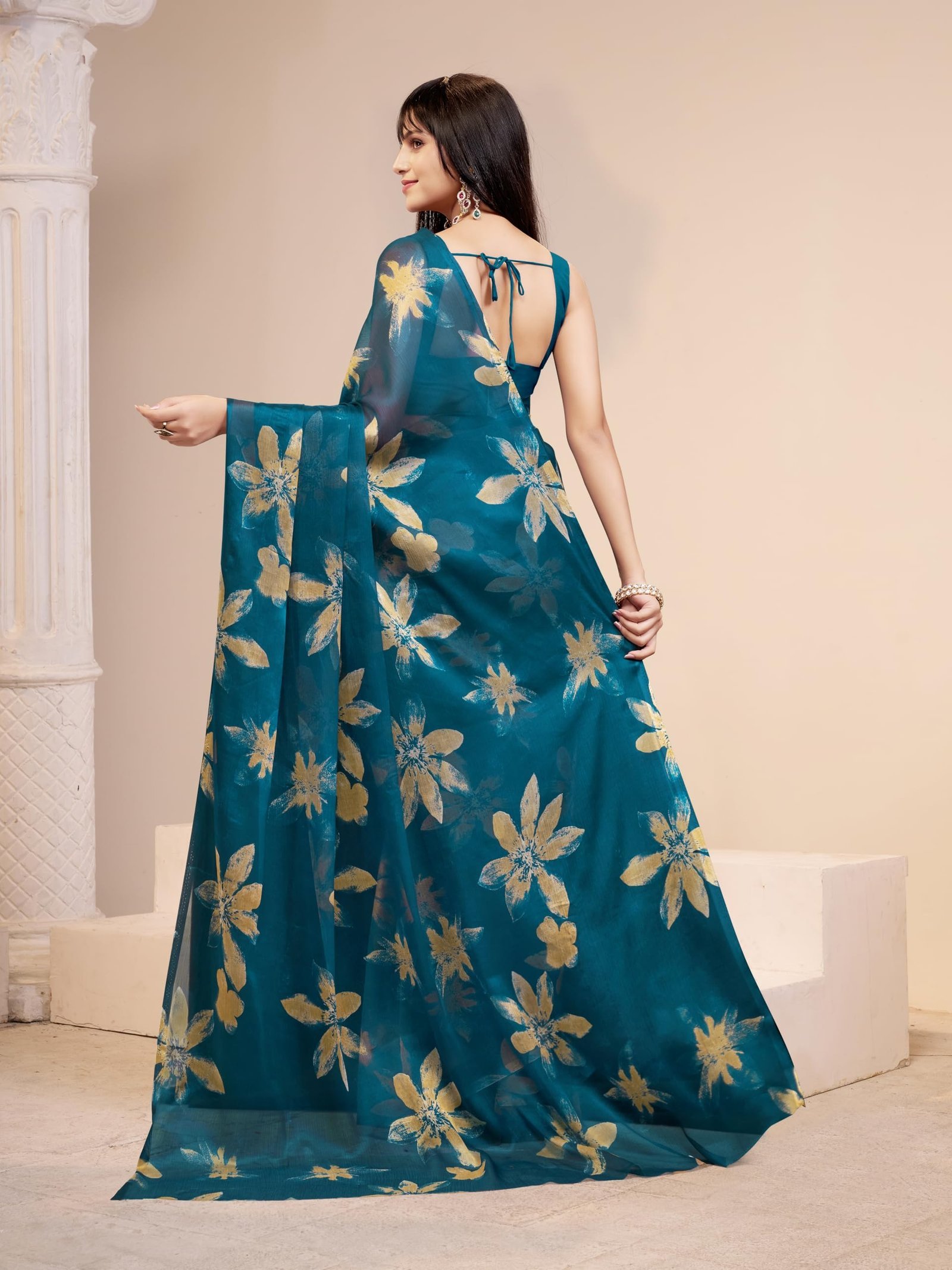 Women Floral Print Nara Chiffon Saree Teal - Image 4