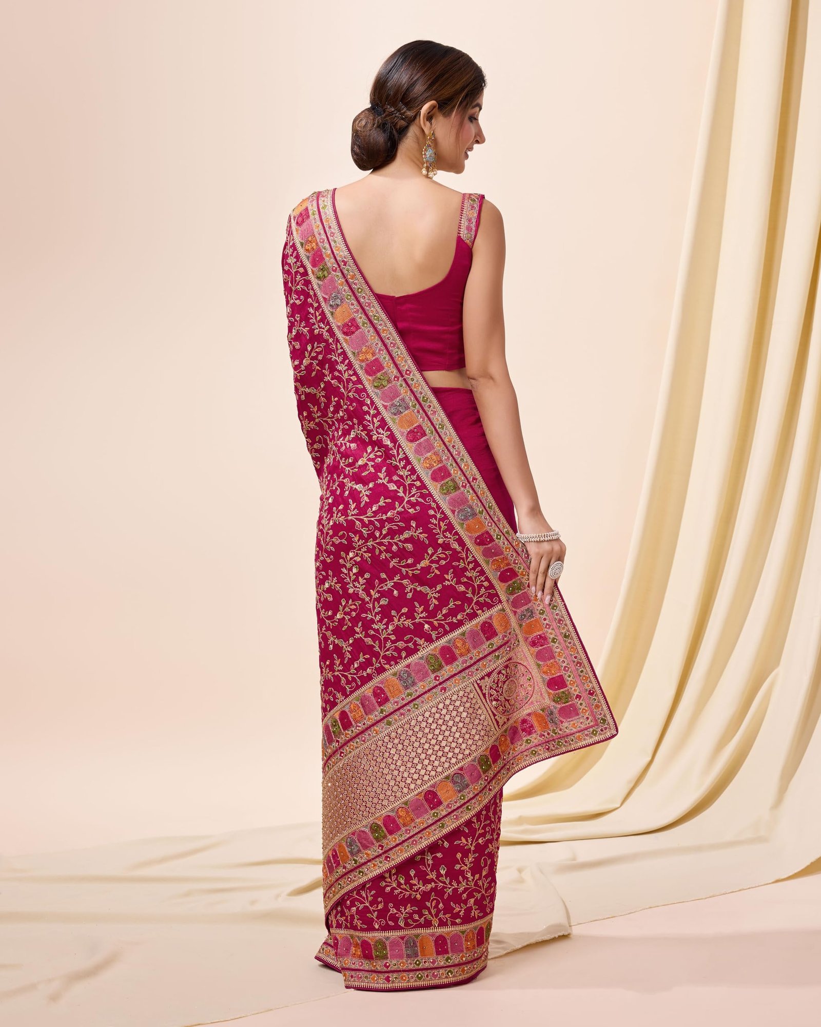Women's Vichitra Silk Embroidery, Siroski Stone Work Saree with Unstitch Blouse Piece (K1085-Pink-) - Image 2