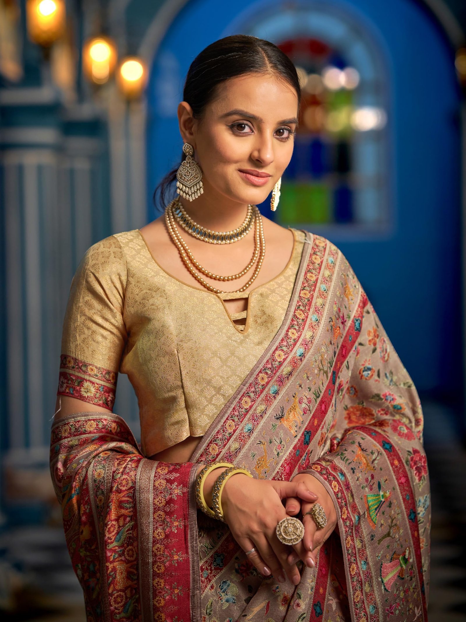 Womens Kanjivaram Banarasi Silk Saree Kanchipuram Patola saree (BEIGE) - Image 3