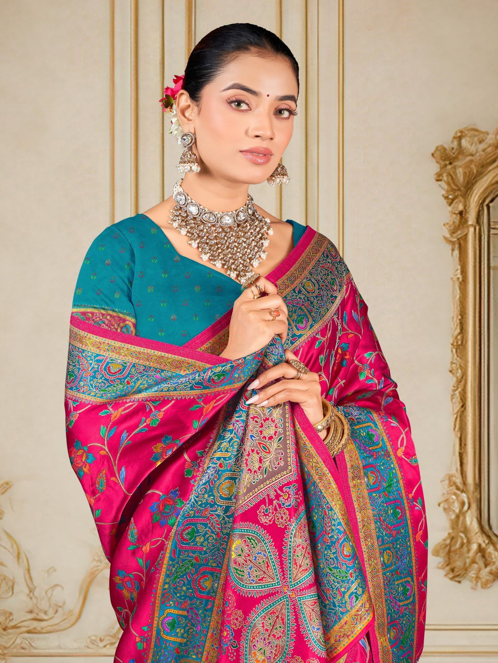 Women’s Luxurious Dola Satin Pure Silk Original Saree Position Print Work Madhubani Inspired Motifs Banarasi Kanjivaram Style Saree With Blouse Piece (Elegant105_Pink) - Image 6
