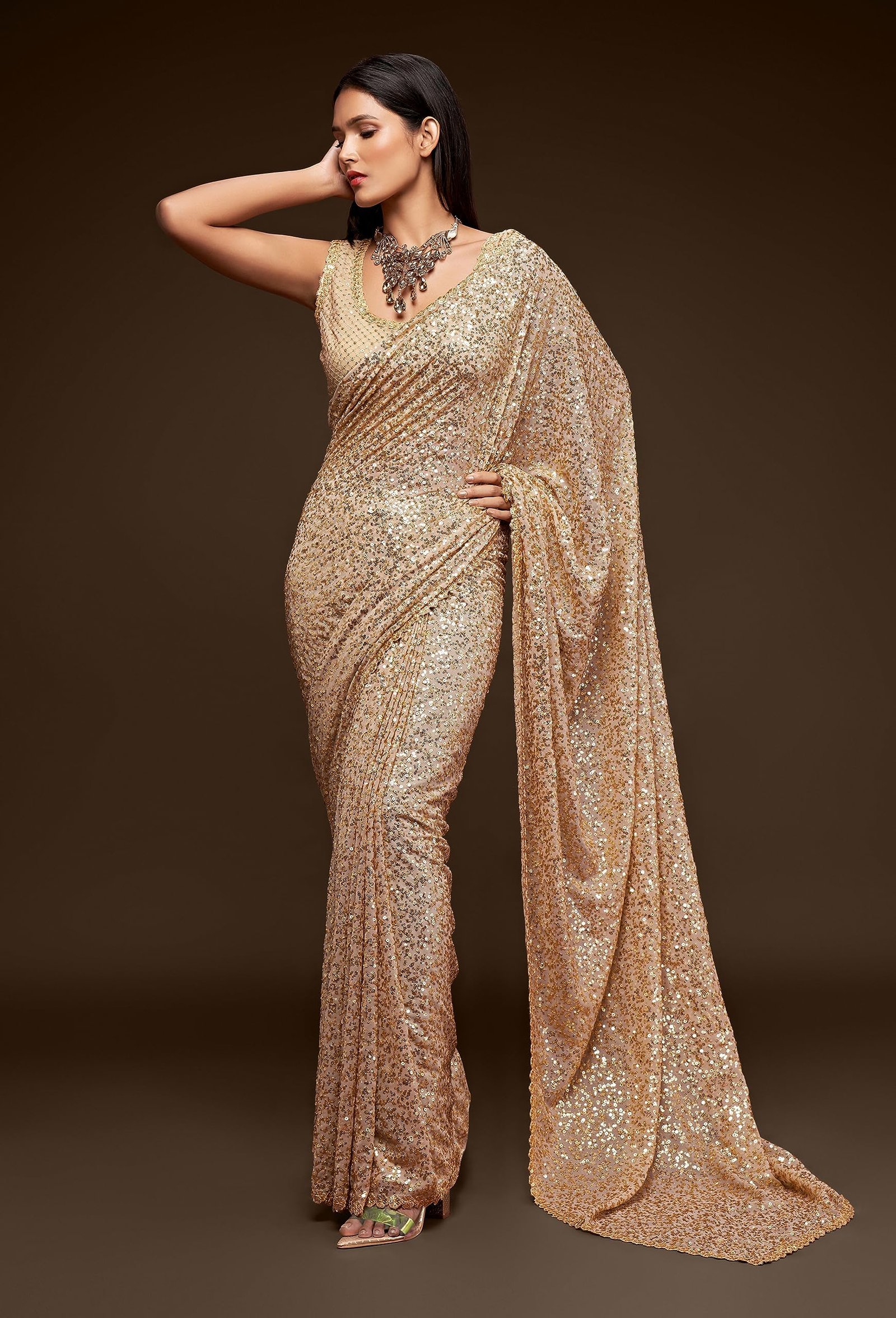 Women's Georgette Heavy Sequins Work Heavy Saree with Blouse (Latest-Sequins-Party-Saree) (Beige) - Image 3