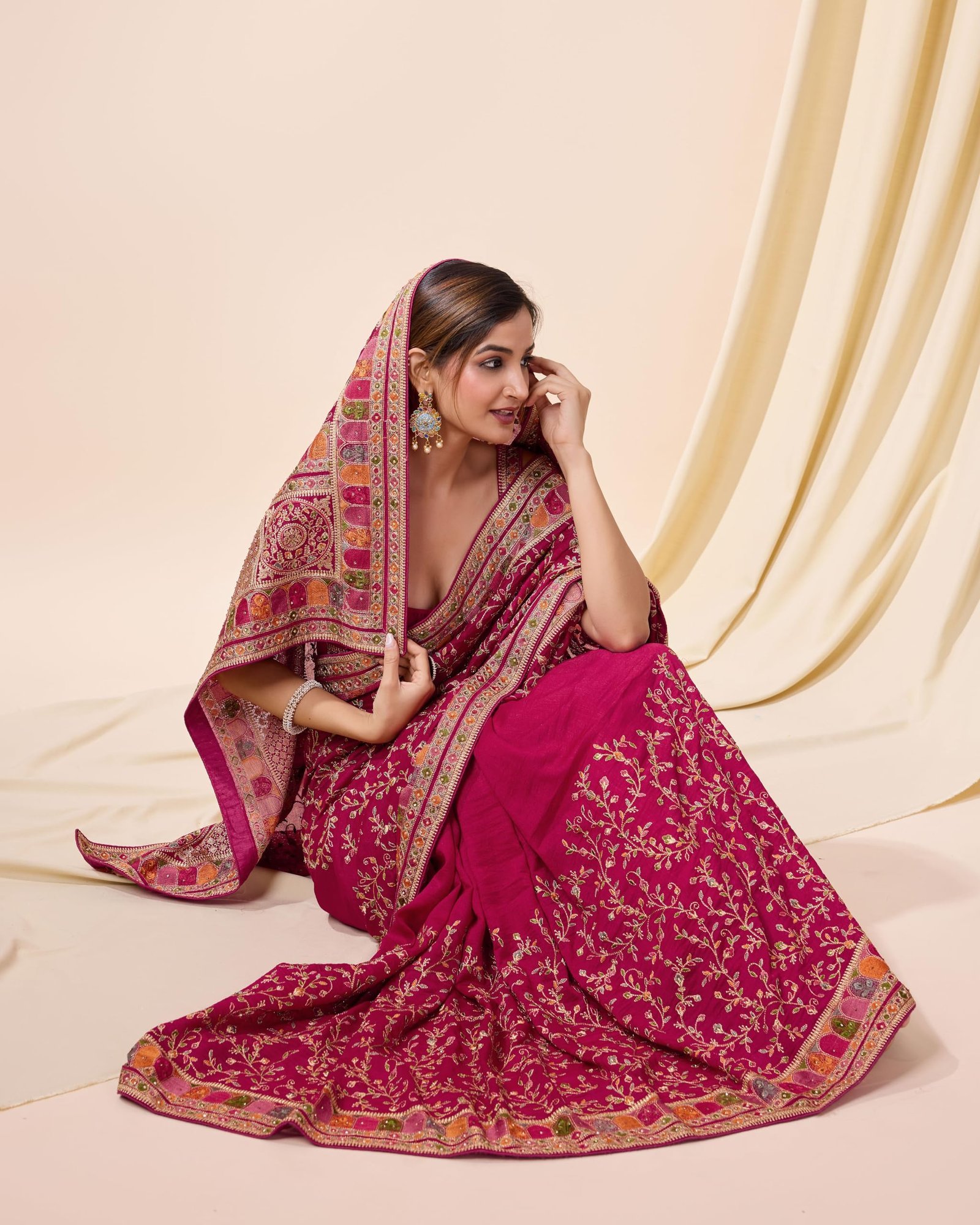 Women's Vichitra Silk Embroidery, Siroski Stone Work Saree with Unstitch Blouse Piece (K1085-Pink-) - Image 6