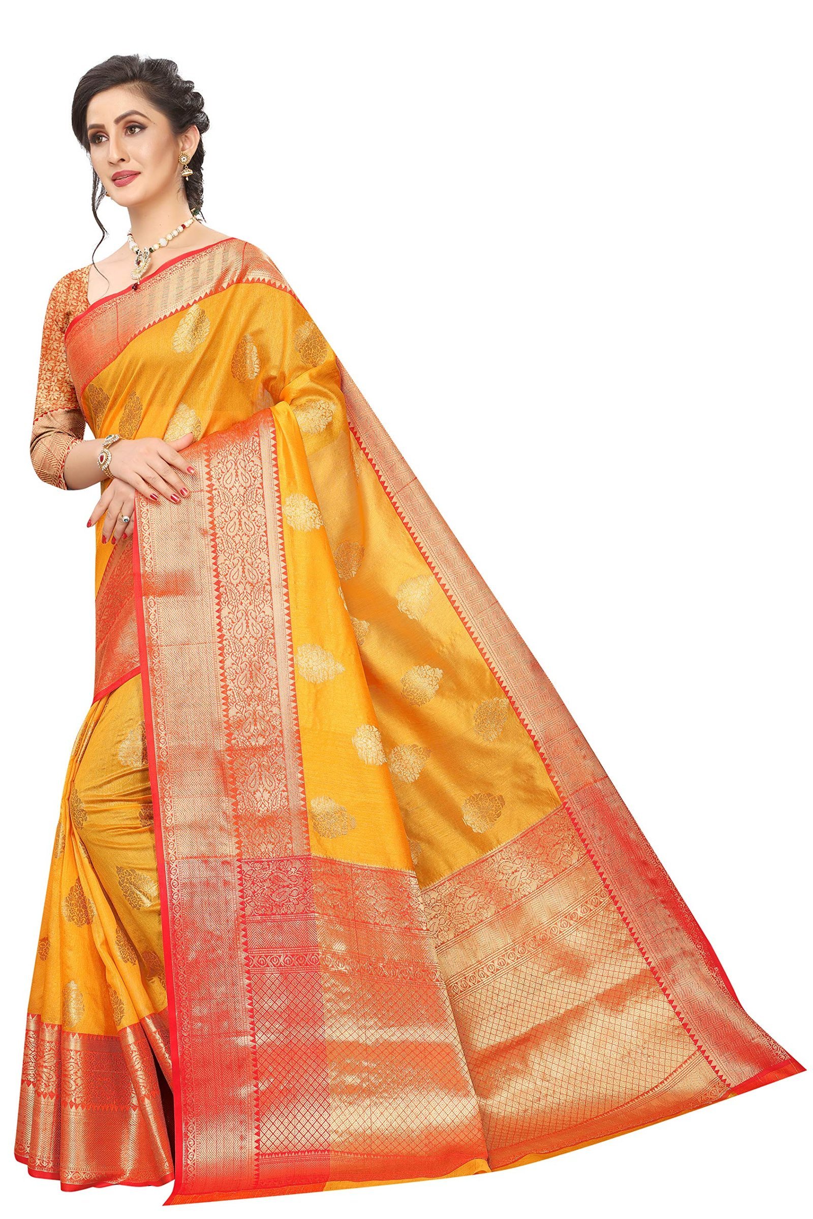 Women's Heavy Banarasi Art Silk Saree With Unstitched Blouse Piece(Yellow) - Image 3