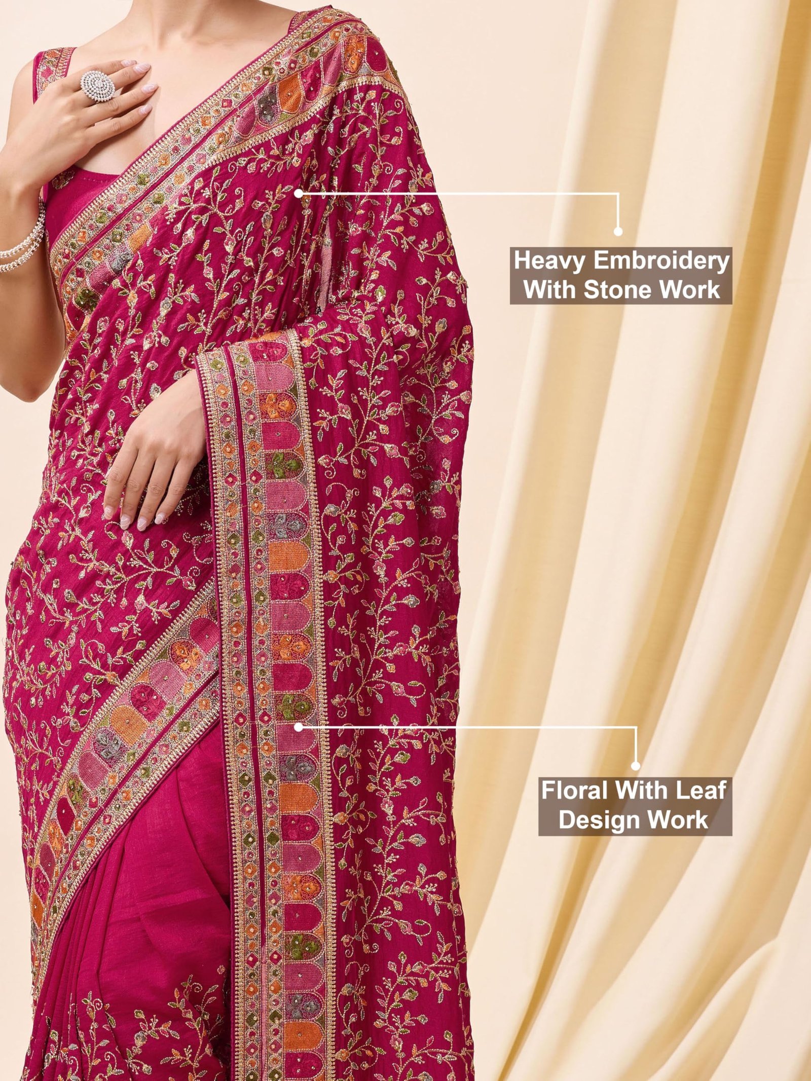 Women's Vichitra Silk Embroidery, Siroski Stone Work Saree with Unstitch Blouse Piece (K1085-Pink-) - Image 4