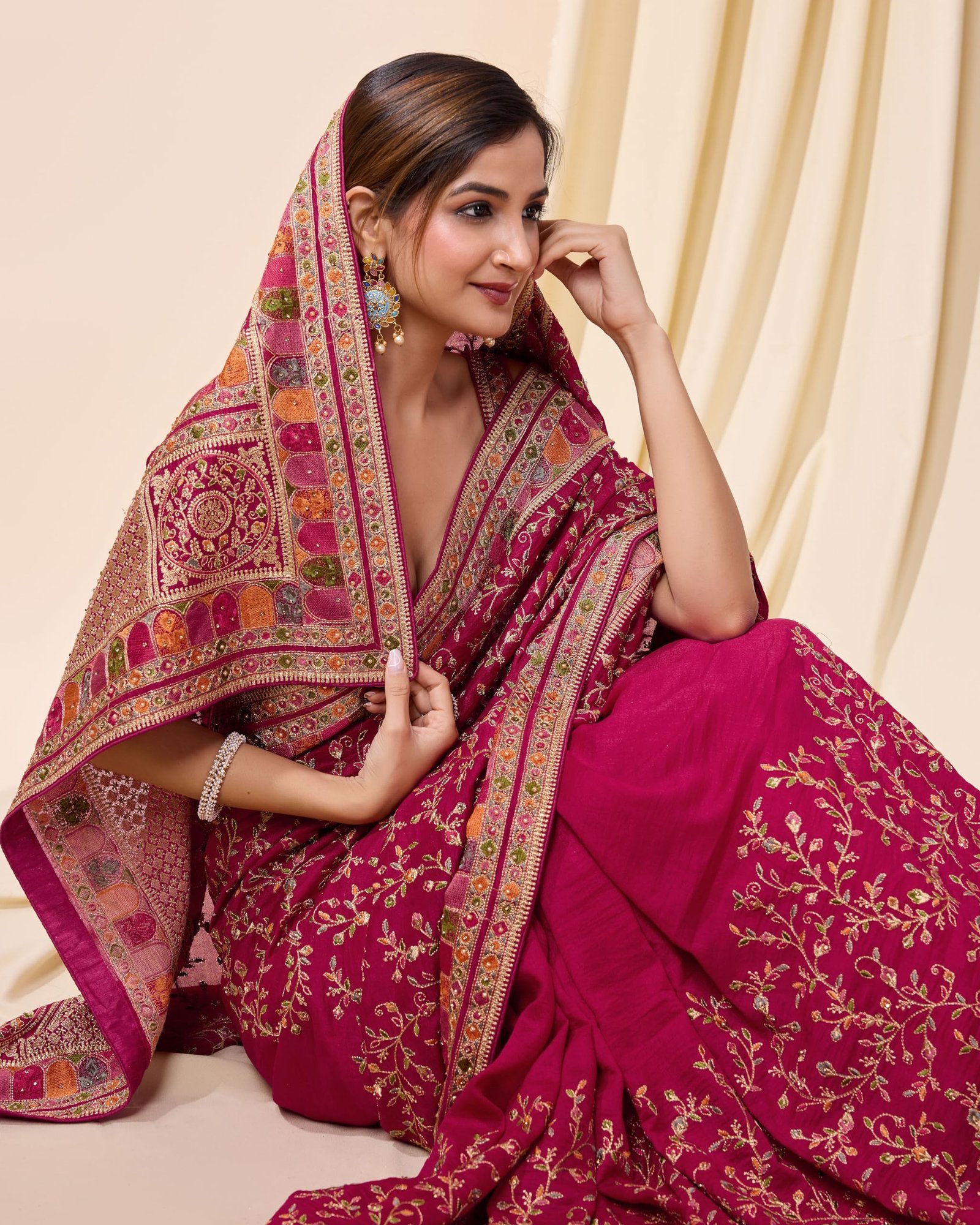 Women's Vichitra Silk Embroidery, Siroski Stone Work Saree with Unstitch Blouse Piece (K1085-Pink-) - Image 8