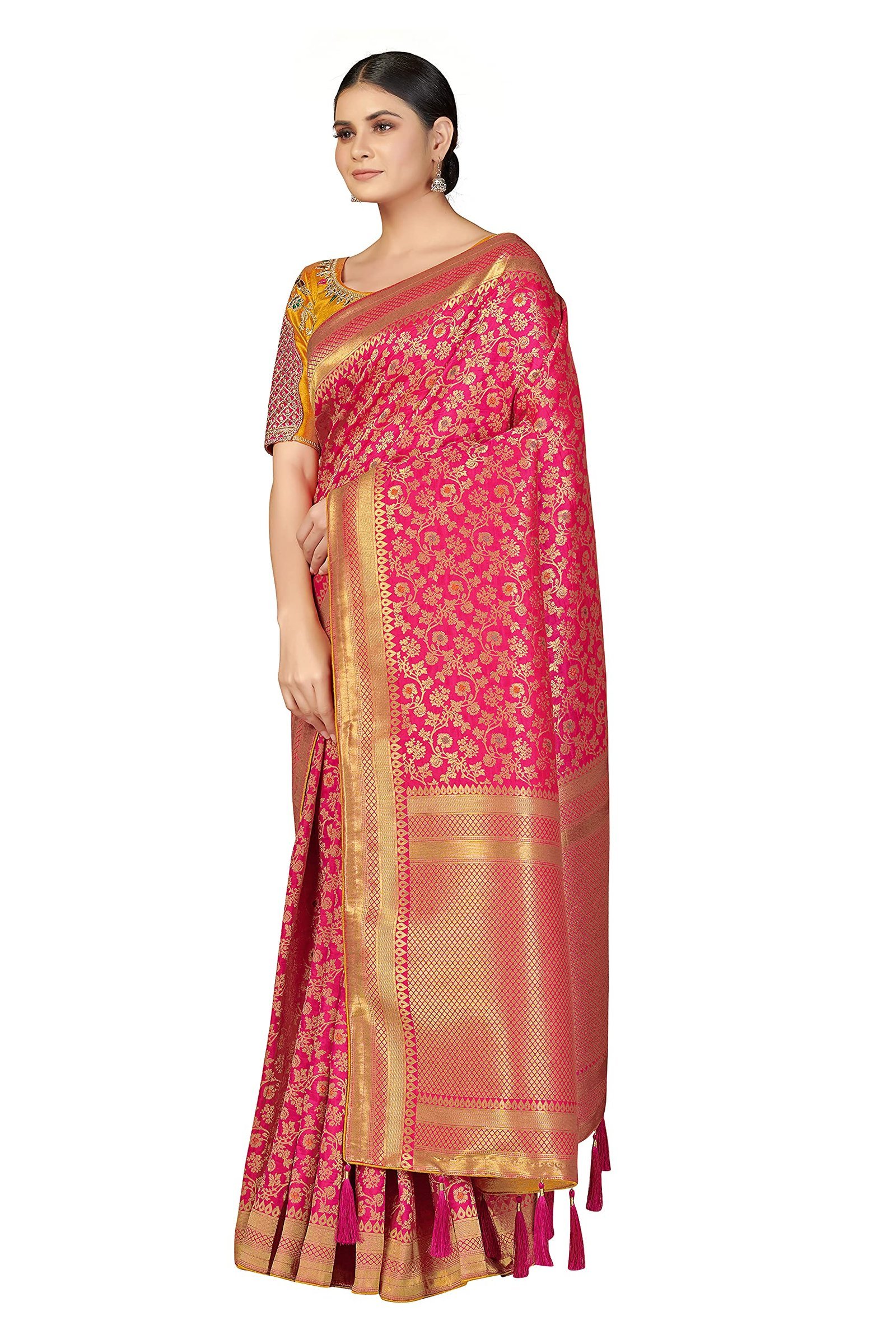 Women's Pure Kanjivaram Style Banarasi Soft Design Silk Saree With Blouse Piece For Wedding (45555 Rani Pink) - Image 4