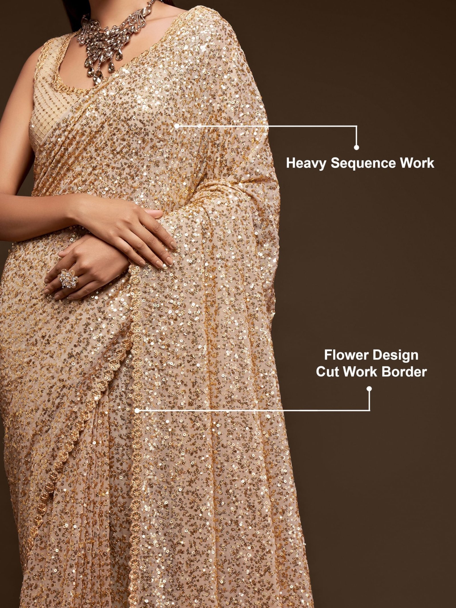 Women's Georgette Heavy Sequins Work Heavy Saree with Blouse (Latest-Sequins-Party-Saree) (Beige) - Image 4