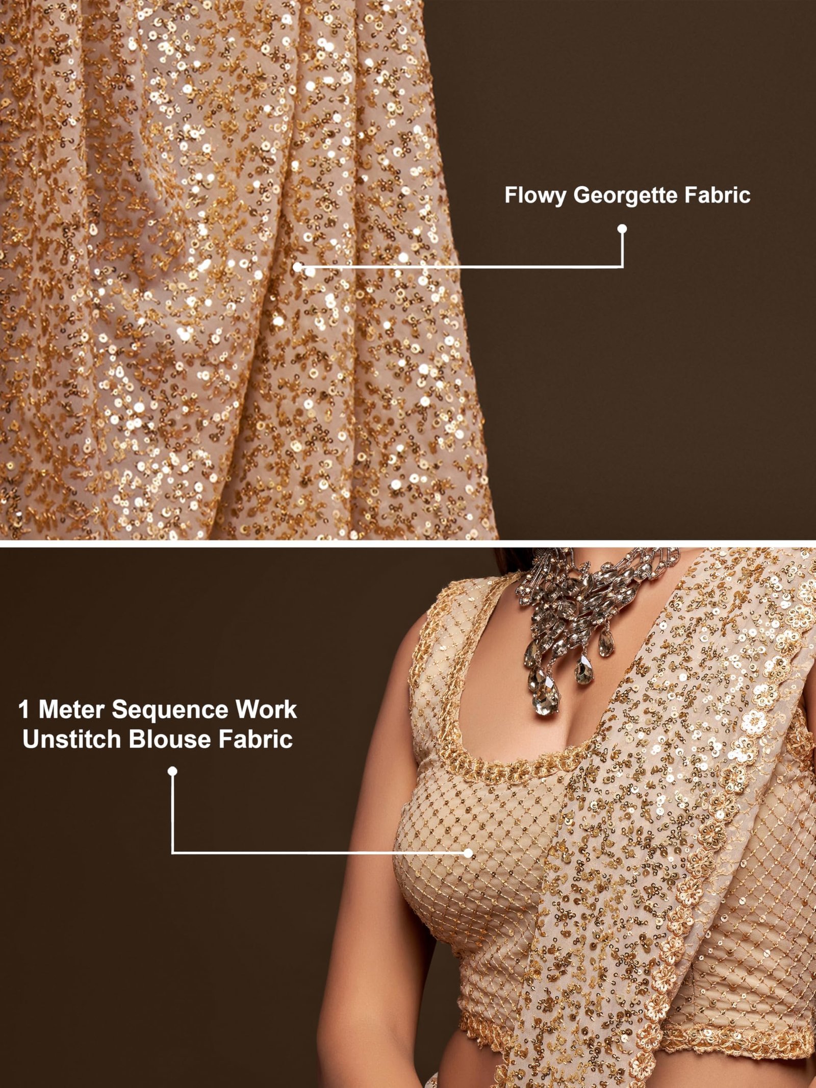 Women's Georgette Heavy Sequins Work Heavy Saree with Blouse (Latest-Sequins-Party-Saree) (Beige) - Image 5