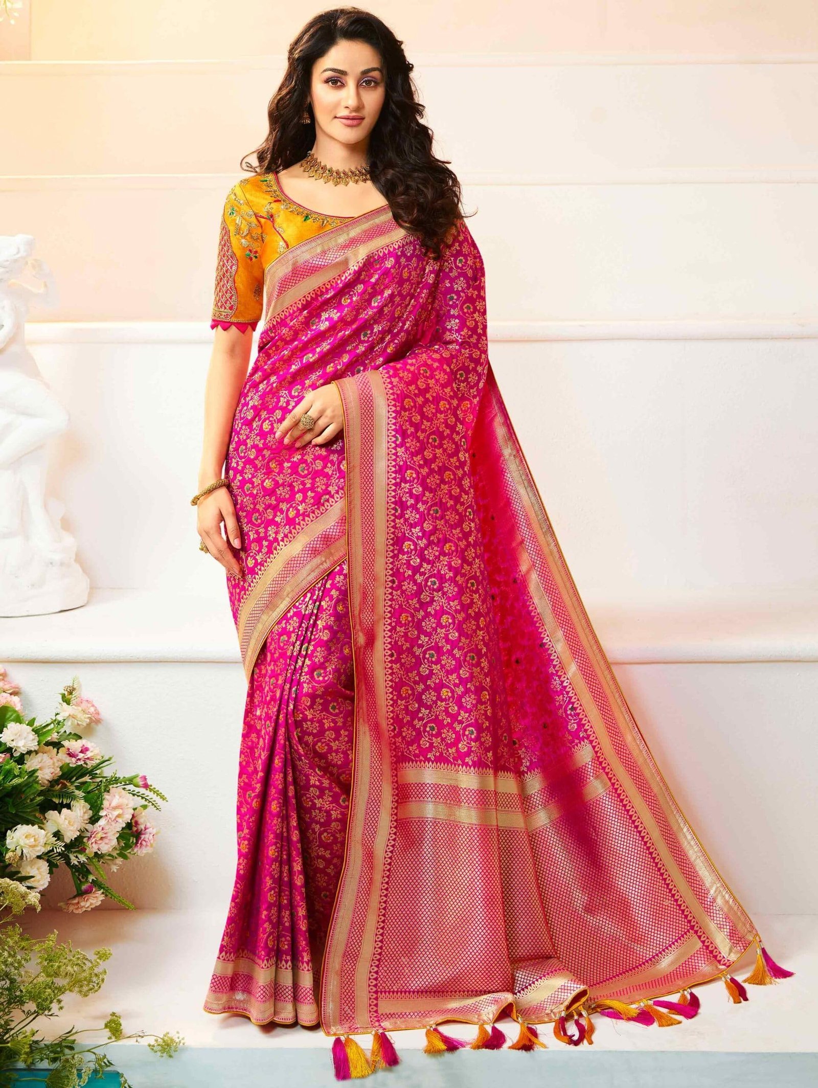 Women's Pure Kanjivaram Style Banarasi Soft Design Silk Saree With Blouse Piece For Wedding (45555 Rani Pink) - Image 2
