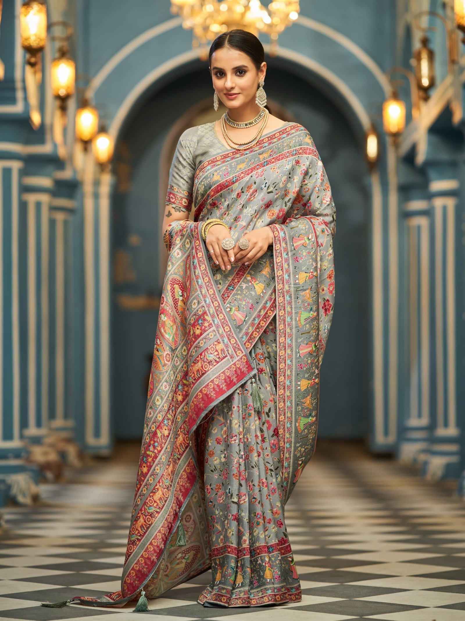 Womens Kanjivaram Banarasi Silk Saree Kanchipuram Patola saree (GREY) - Image 4