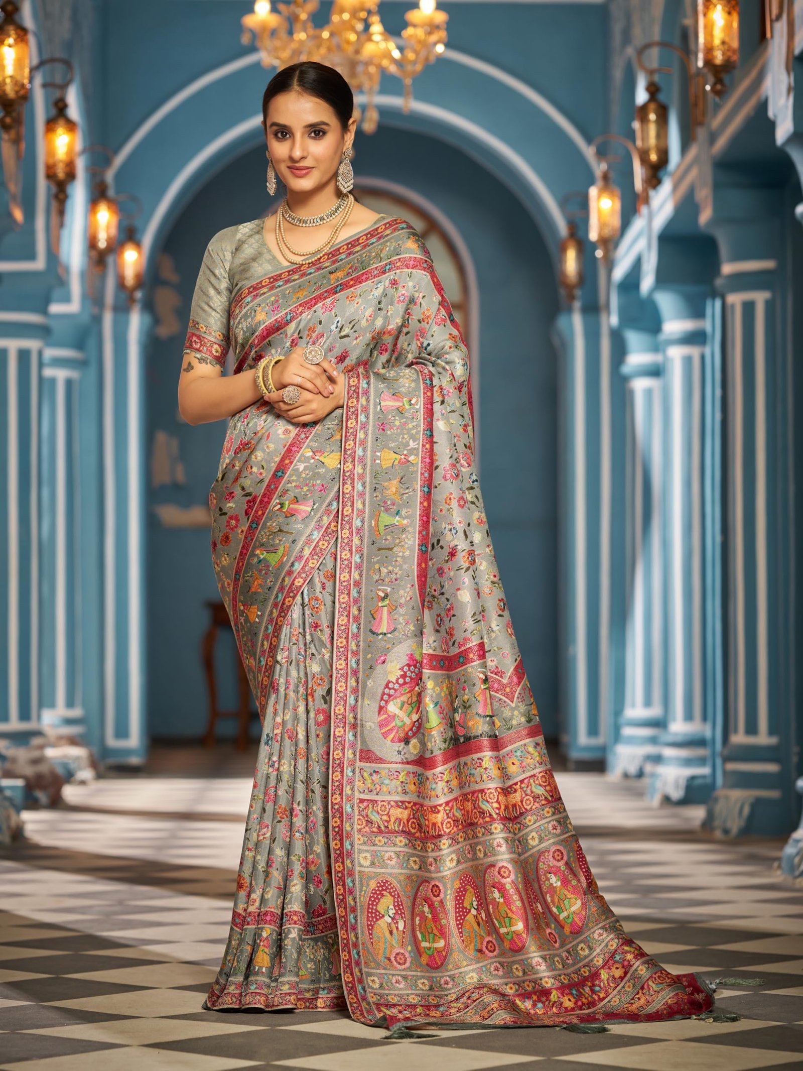 Womens Kanjivaram Banarasi Silk Saree Kanchipuram Patola saree (GREY) - Image 2