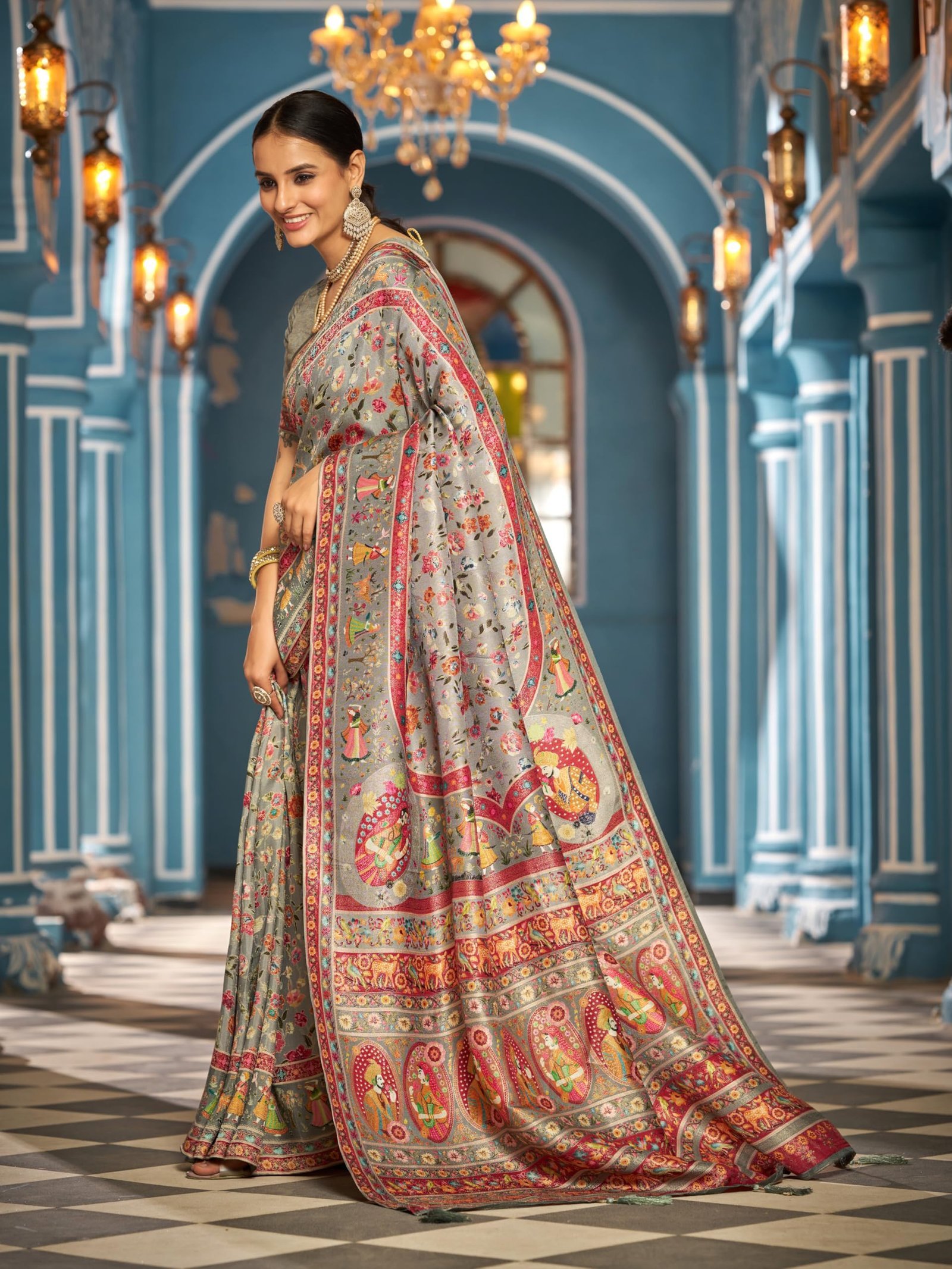 Womens Kanjivaram Banarasi Silk Saree Kanchipuram Patola saree (GREY) - Image 3