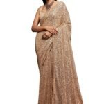 Women's Georgette Heavy Sequins Work Heavy Saree with Blouse (Latest-Sequins-Party-Saree) (Beige)
