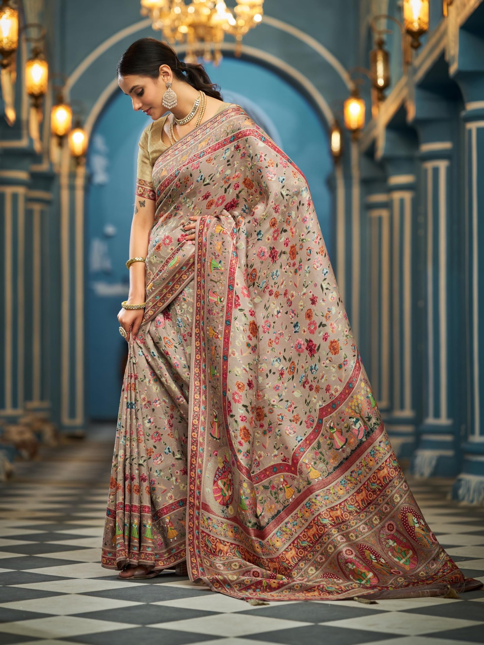 Womens Kanjivaram Banarasi Silk Saree Kanchipuram Patola saree (BEIGE) - Image 5