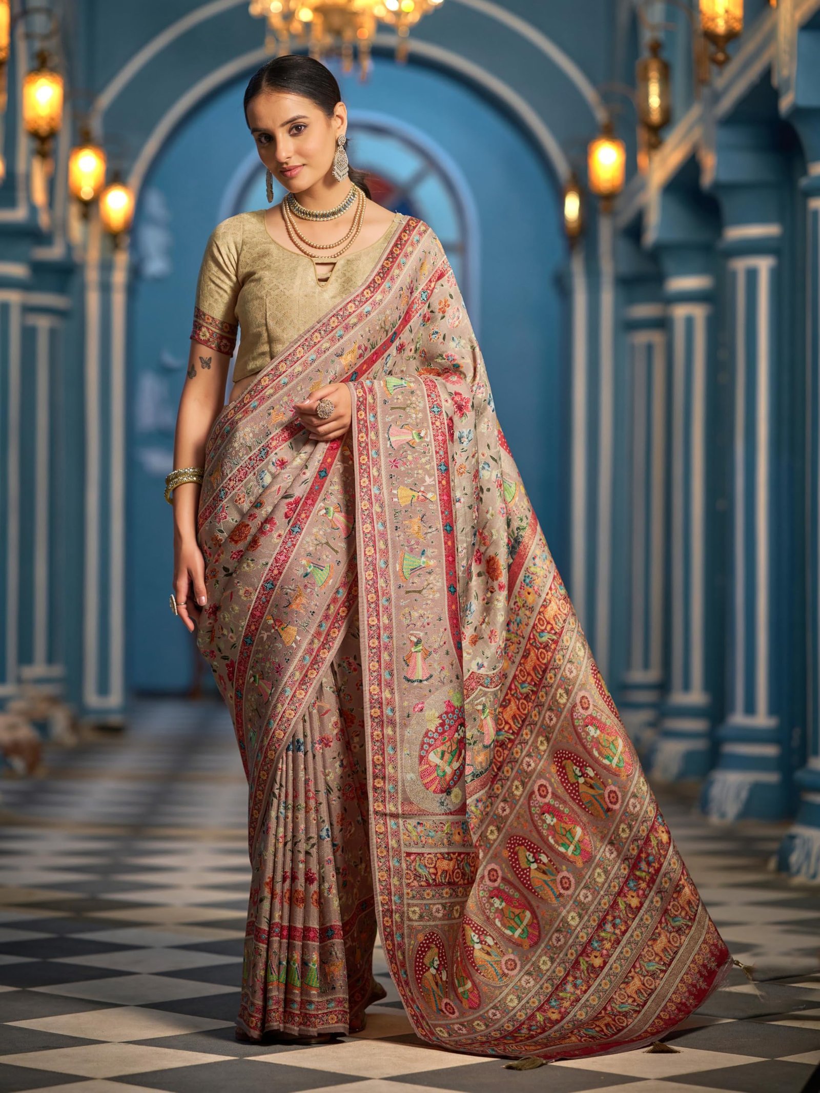 Womens Kanjivaram Banarasi Silk Saree Kanchipuram Patola saree (BEIGE) - Image 6