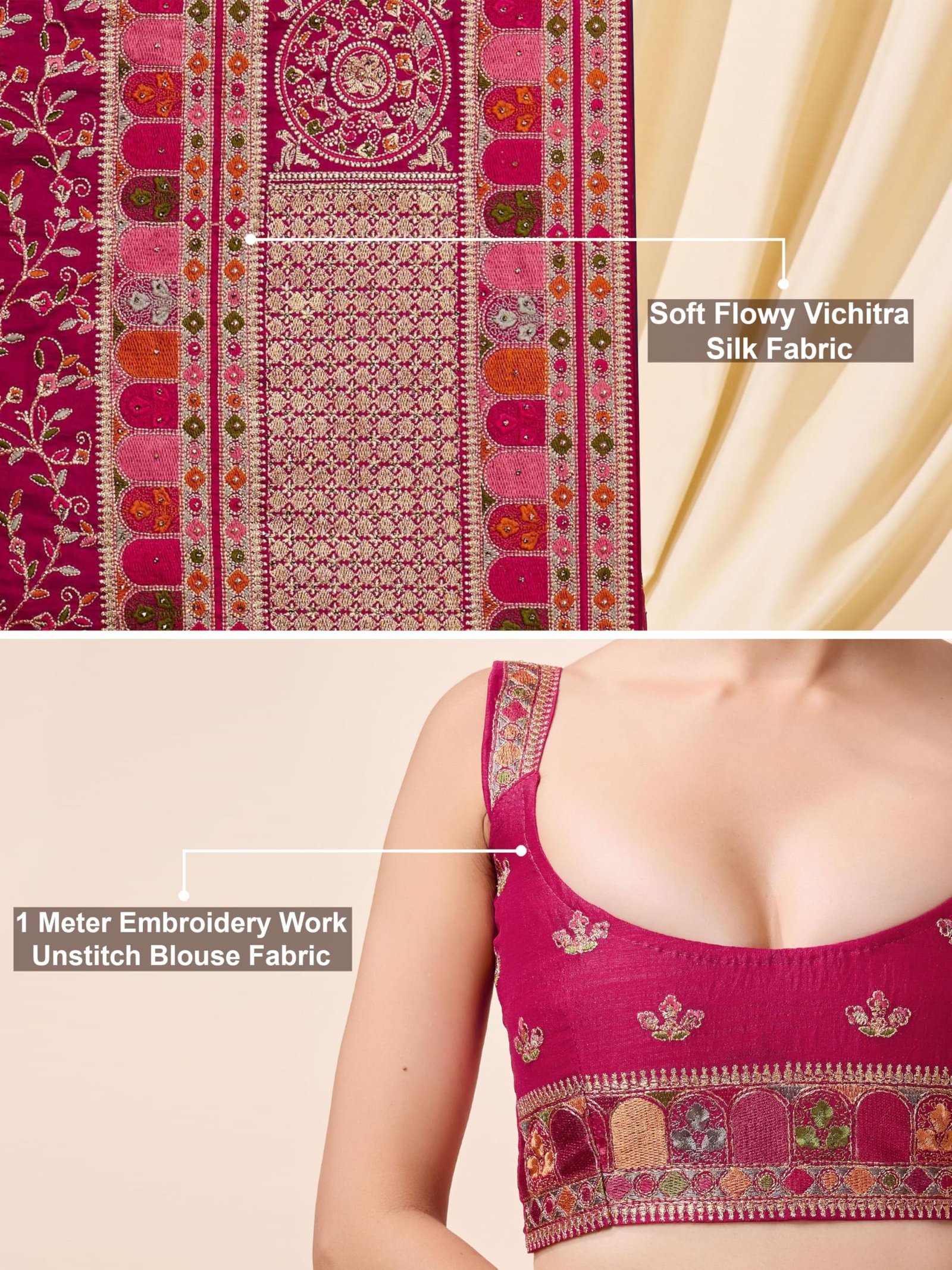 Women's Vichitra Silk Embroidery, Siroski Stone Work Saree with Unstitch Blouse Piece (K1085-Pink-) - Image 5