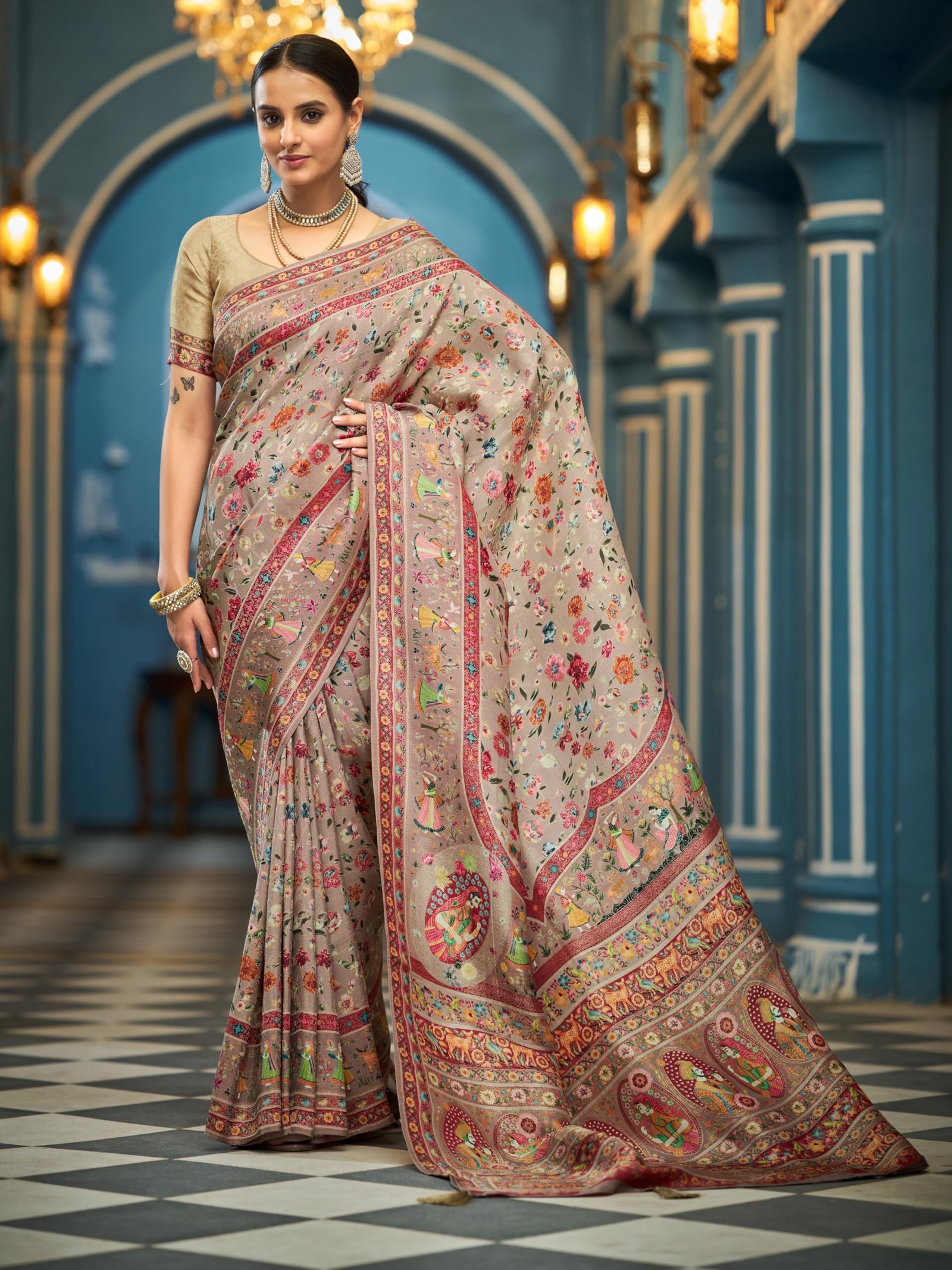 Womens Kanjivaram Banarasi Silk Saree Kanchipuram Patola saree (BEIGE) - Image 2