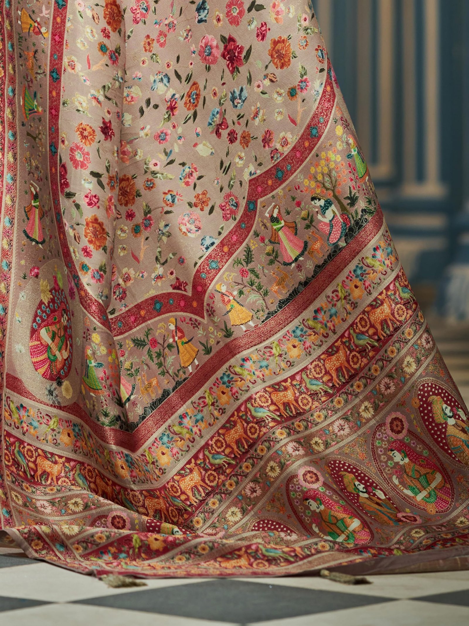 Womens Kanjivaram Banarasi Silk Saree Kanchipuram Patola saree (BEIGE) - Image 9