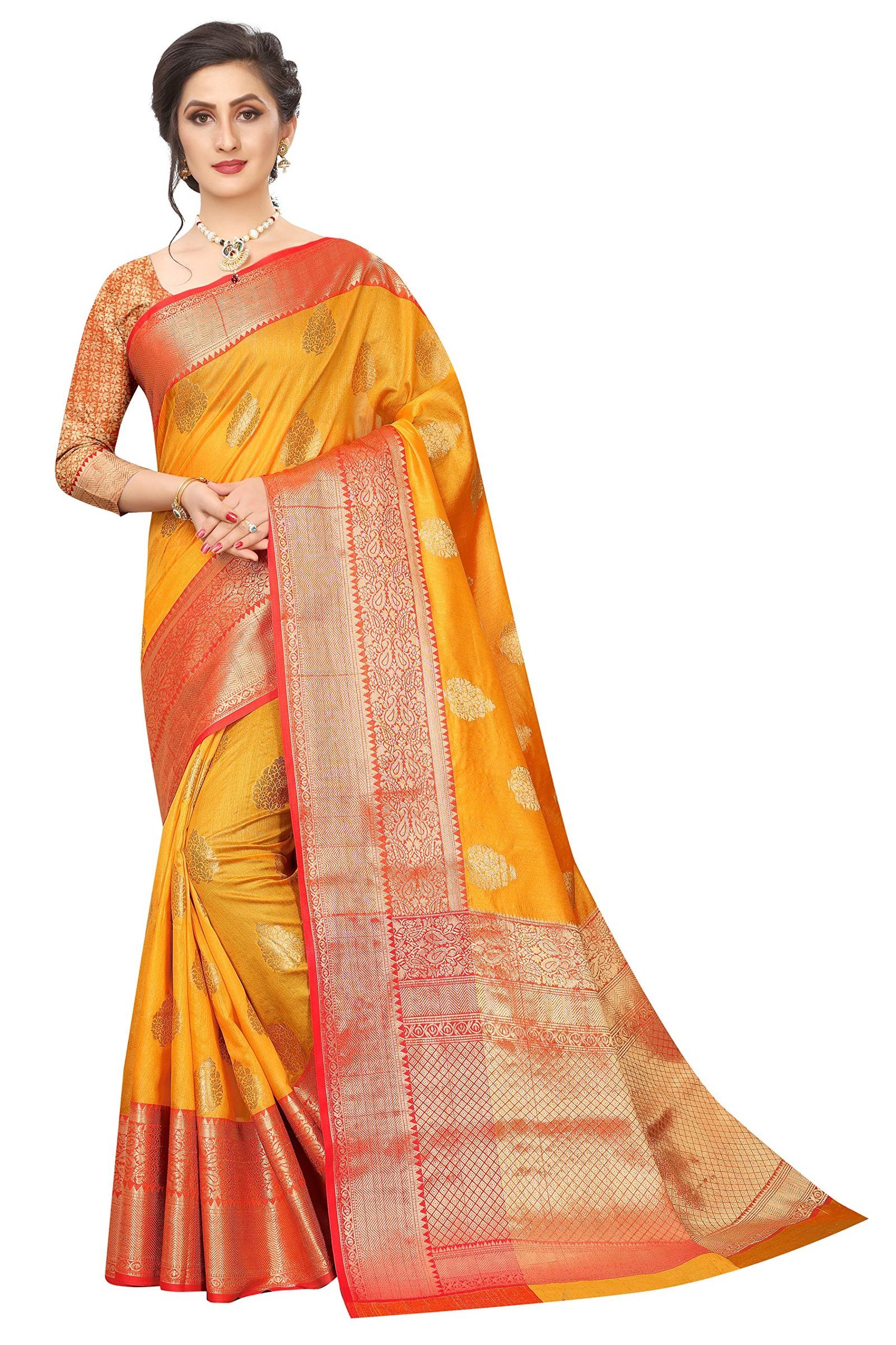 Women's Heavy Banarasi Art Silk Saree With Unstitched Blouse Piece(Yellow)